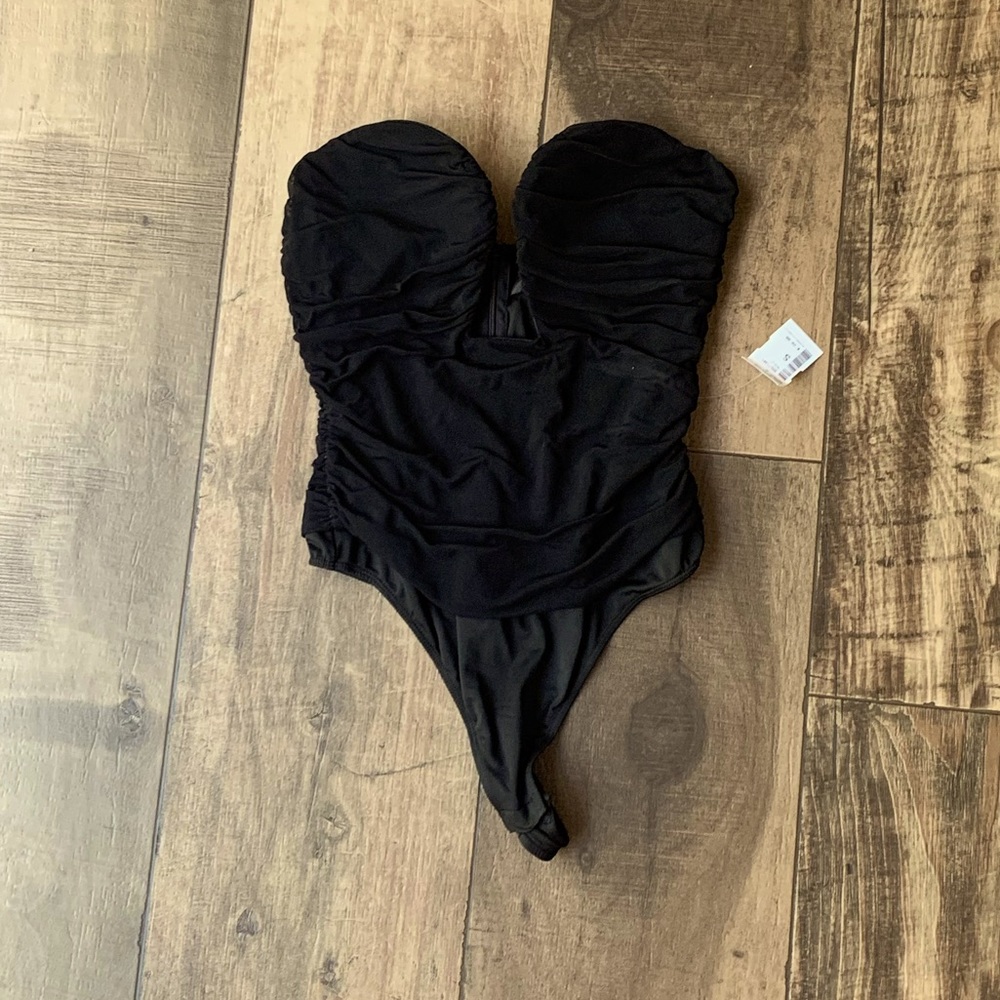 New with tags. Black low cut wired tulle rutched bodysuit.